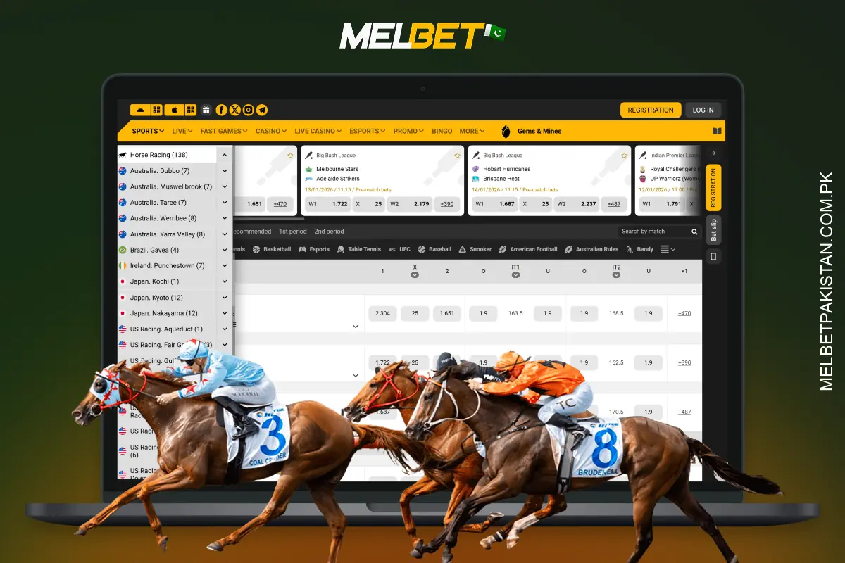 At Melbet Pakistan, horse racing bets include winners, place bets, trifectas and futures with real and virtual analytics