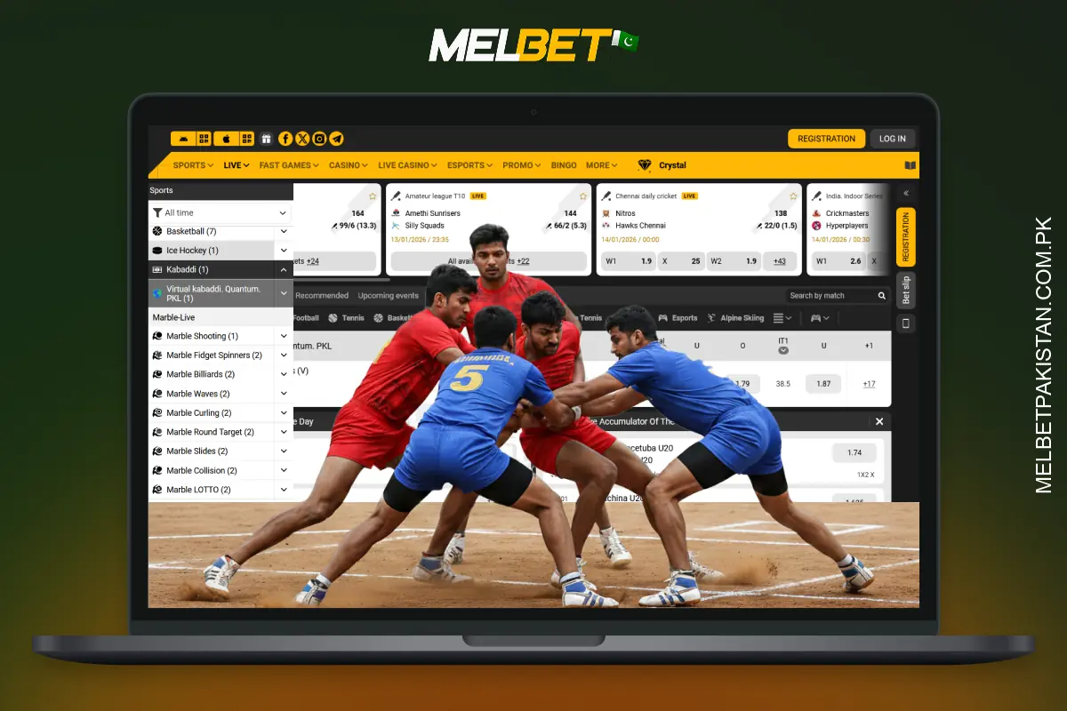 Melbet offers kabaddi betting with real odds, multi-bets, raider analytics and bonuses, covering tournaments from India and Bangladesh